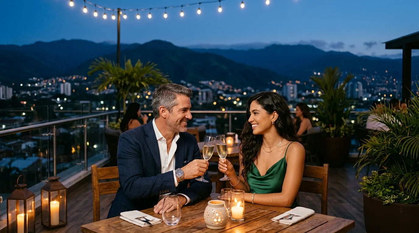Pareja elegante disfrutando una velada en terraza de lujo en Escazú, San José, Costa Rica