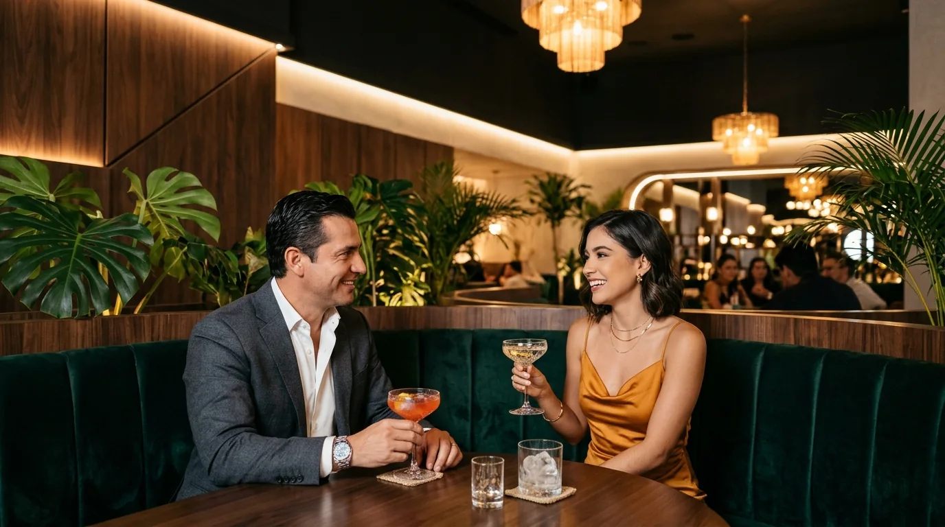 Pareja ejecutiva en un lounge VIP privado de Rohrmoser, San José, Costa Rica