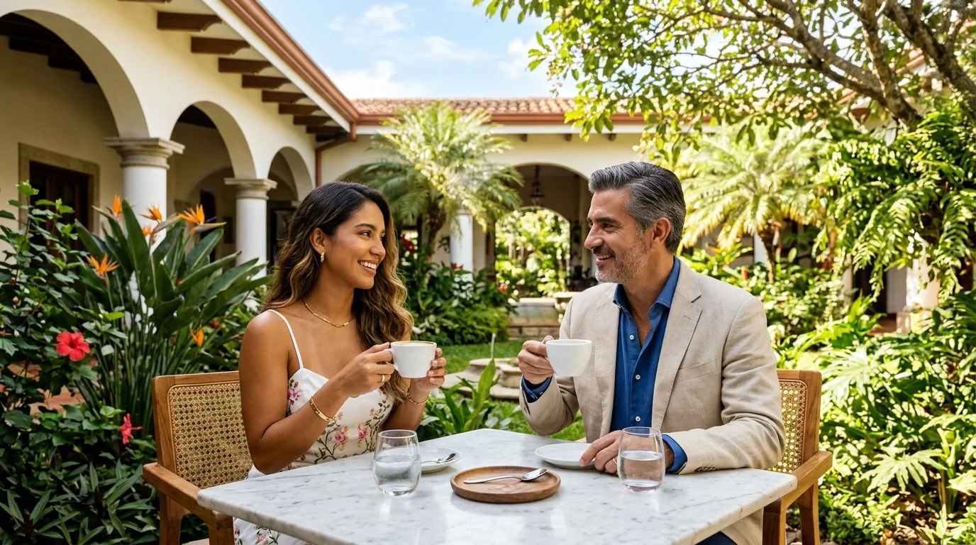 Joven elegante conversando con un caballero ejecutivo en un café jardín exclusivo de Santa Ana, Costa Rica