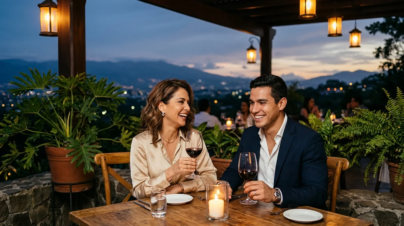 Mujer ejecutiva elegante brindando con un joven apuesto en terraza exclusiva de Escazú, Costa Rica